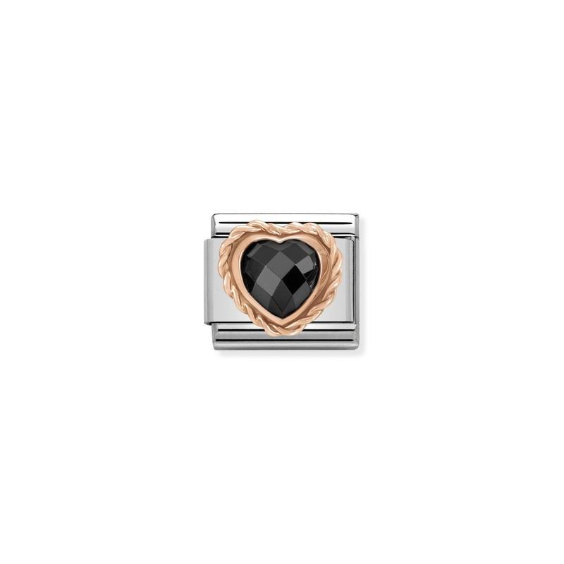 Nomination Composable Link Rope, Heart Faceted Black Cubic Zirconia, 9K Rose Gold