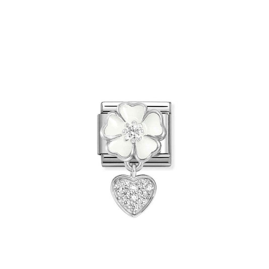 Nomination Composable Link White Flower, Heart Pendant, Silver & Enamel