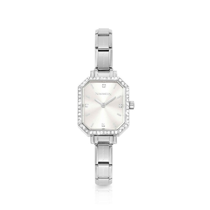 Nomination Composable Paris Watch, Sunray Silver Rectangular, Cubic Zirconia, Stainless Steel