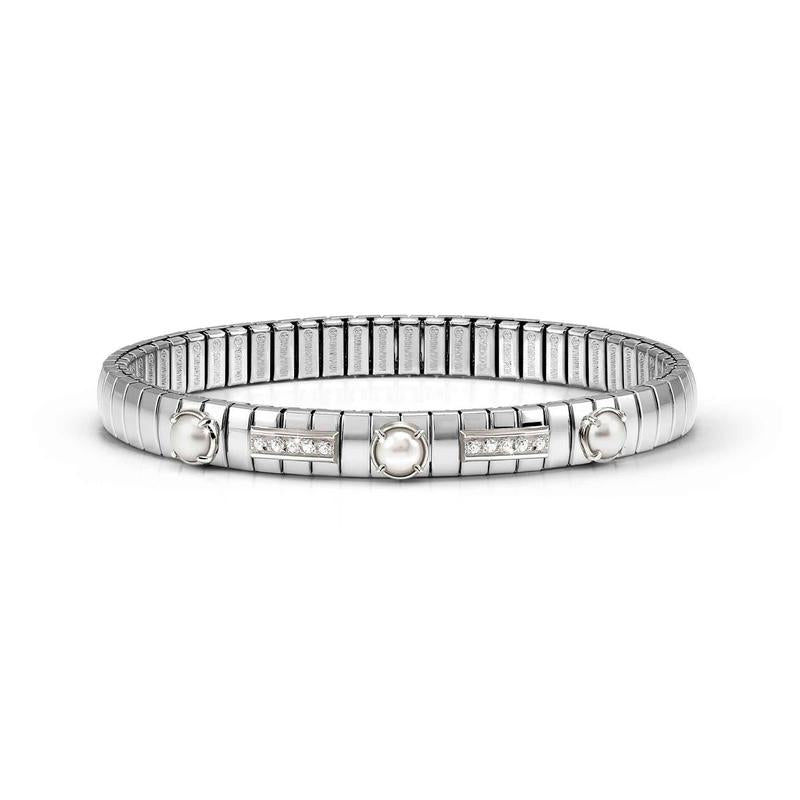 Nomination Extension Stretch Bracelet, 3 Stones, White Pearl, Steel & 925 Sterling Silver