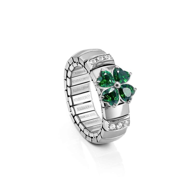 Nomination Extension Stretch Ring, Four-Leaf Clover, Green CZ, Steel & 925 Sterling Silver