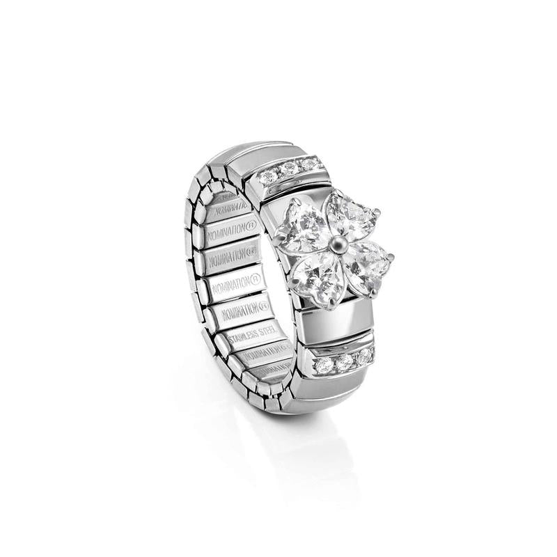 Nomination Extension Stretch Ring, Four-Leaf Clover, White CZ, Steel & 925 Sterling Silver