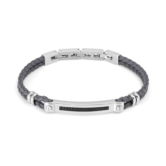 Nomination Manvision Bracelet, Black Cubic Zirconia, Synthetic Leather, Grey, Stainless Steel