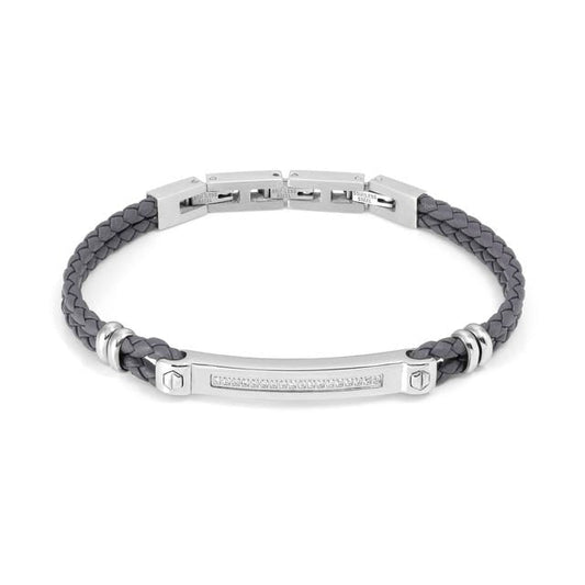 Nomination Manvision Bracelet, White Cubic Zirconia, Synthetic Leather, Grey, Stainless Steel
