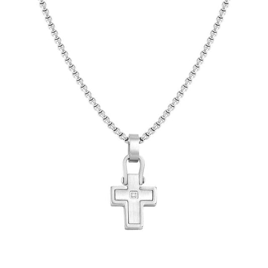 Nomination Manvision Necklace, Cross, White Cubic Zirconia, Stainless Steel