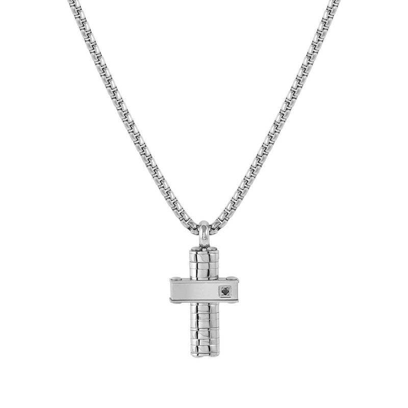 Nomination Strong Diamond Necklace, Black Diamond, Cross, Silver, Stainless Steel