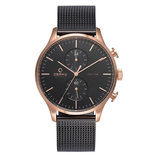 Obaku Gran-Night Rg Dual Time Black Mesh Watch V196GUVBMB