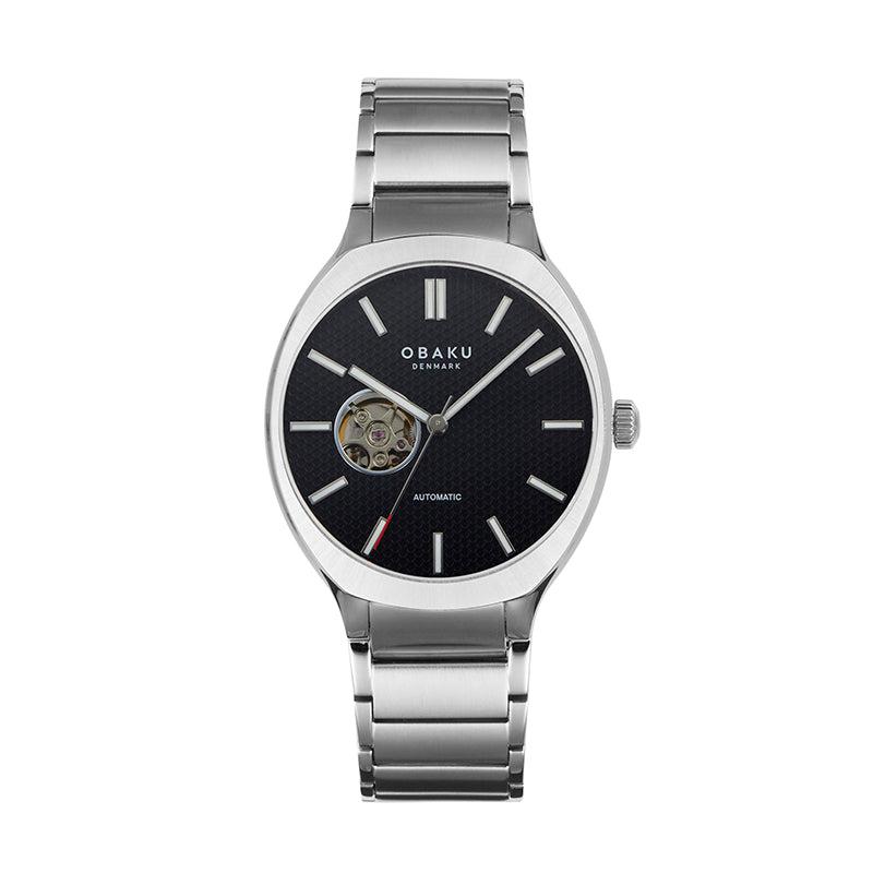 Obaku Styrke - Black Dial Stainless Steel Gents Watch V303GTCBSC