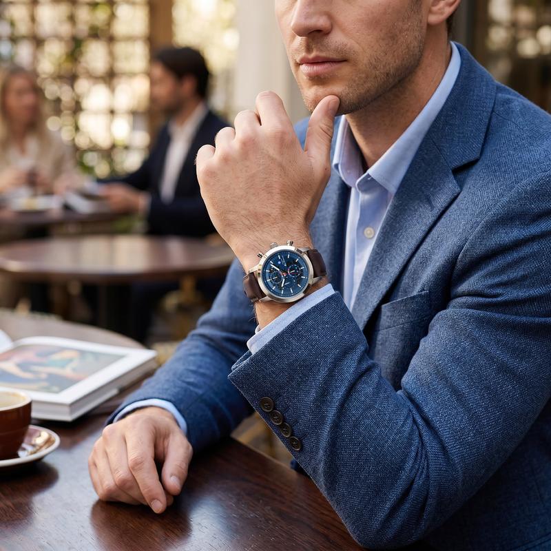 Online Product Title Ben Sherman Men's Skeleton Chronograph Watch with Blue Dial & Brown Leather Strap