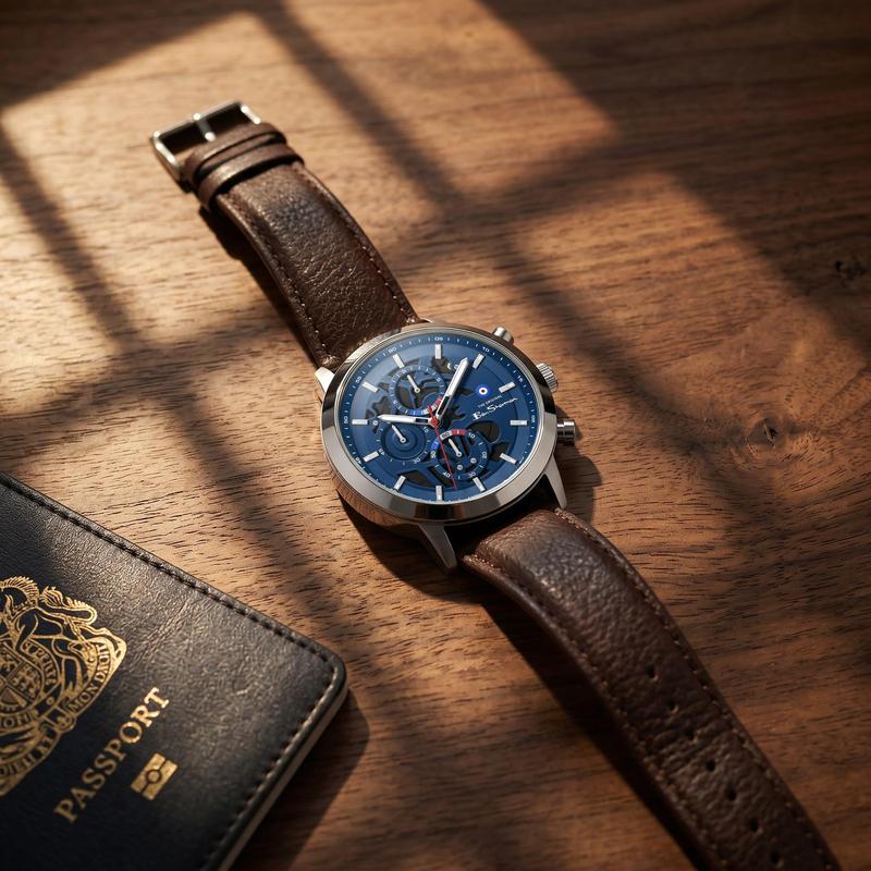 Online Product Title Ben Sherman Men's Skeleton Chronograph Watch with Blue Dial & Brown Leather Strap