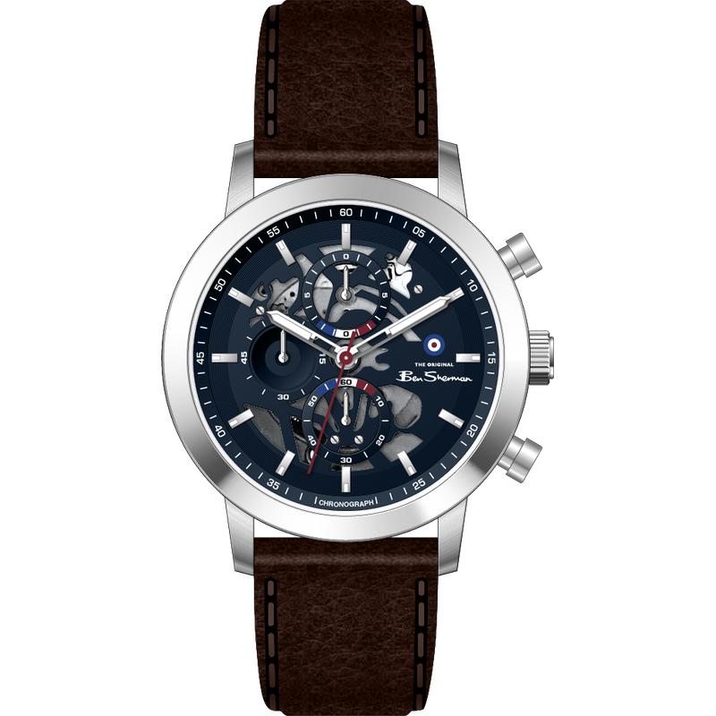 Online Product Title Ben Sherman Men's Skeleton Chronograph Watch with Blue Dial & Brown Leather Strap