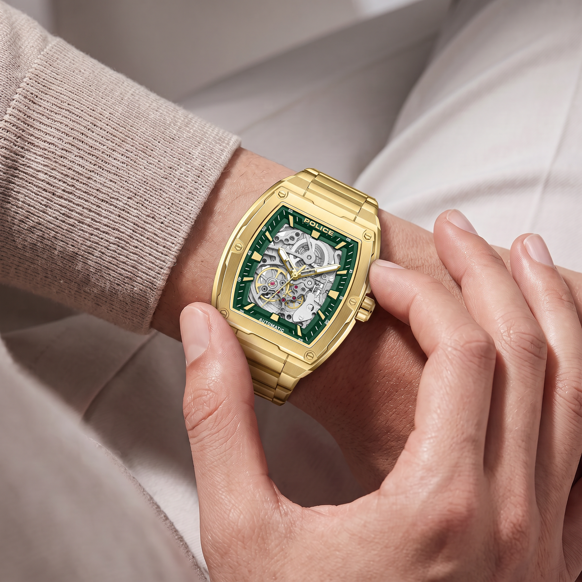 Police Skeletor Green Dial Gold Men's Automatic Watch