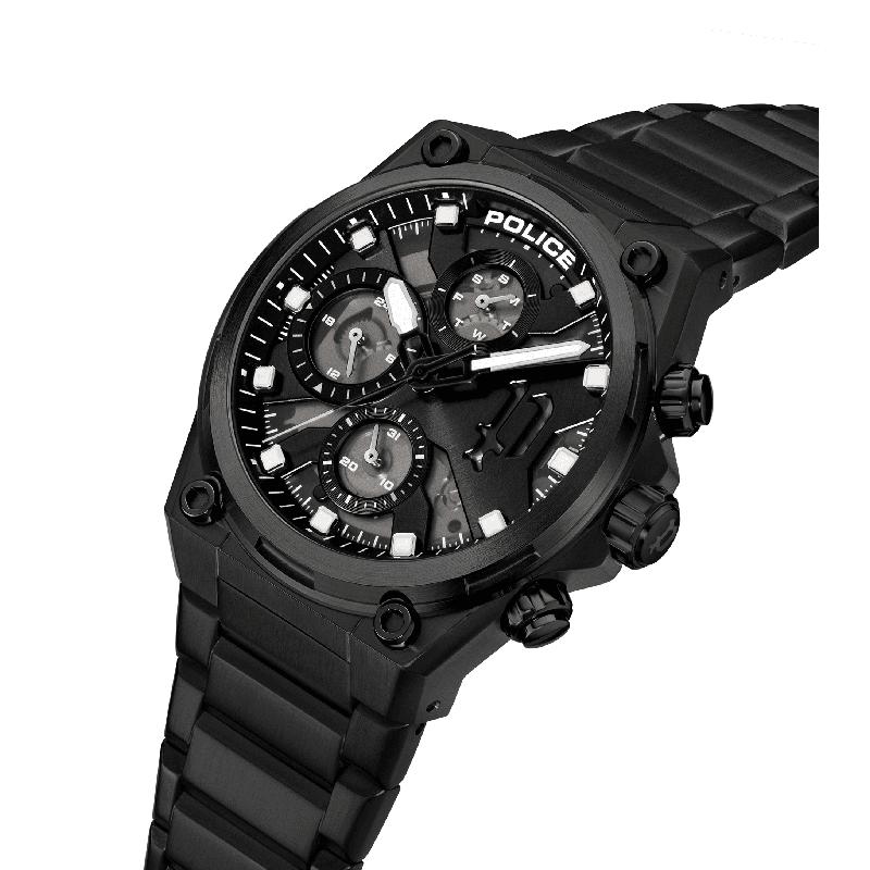 Police Airflow 43mm men's watch with a black stainless steel bracelet, industrial gear-edged bezel, and translucent dial.