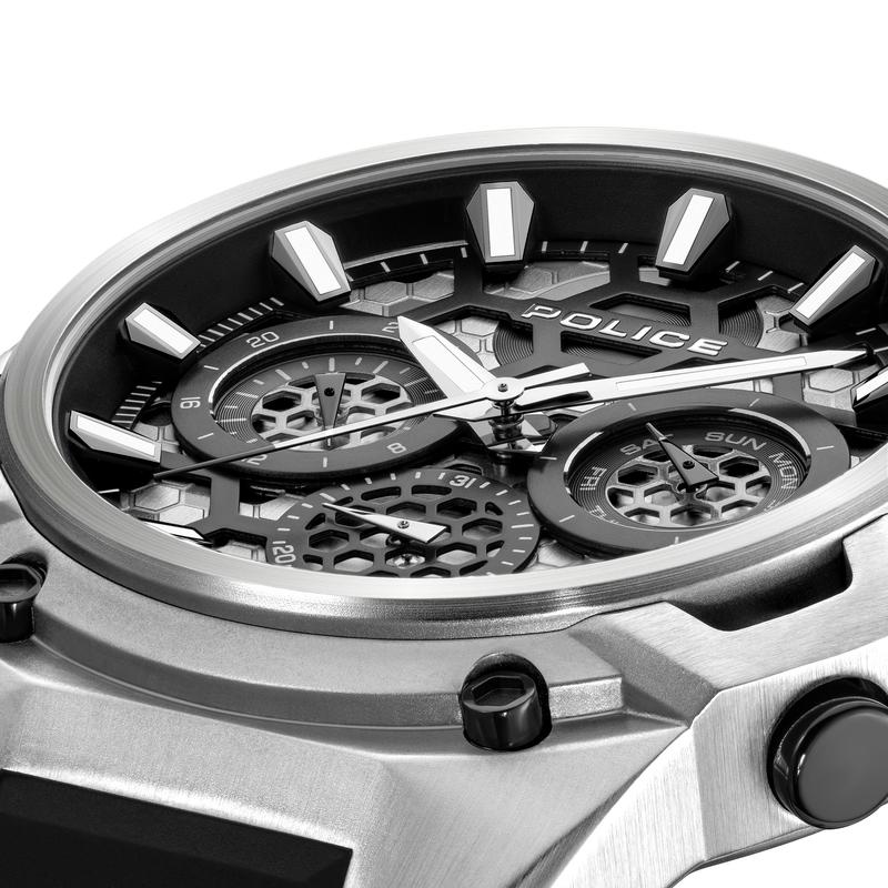 Police Challenger 46mm watch with steel case, black honeycomb dial, and multifunction sub-dials for a bold, modern look.