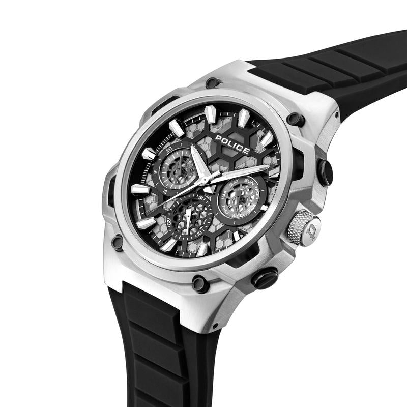 Police Challenger 46mm multifunction watch with a steel case, black honeycomb dial, and comfortable black silicon strap.