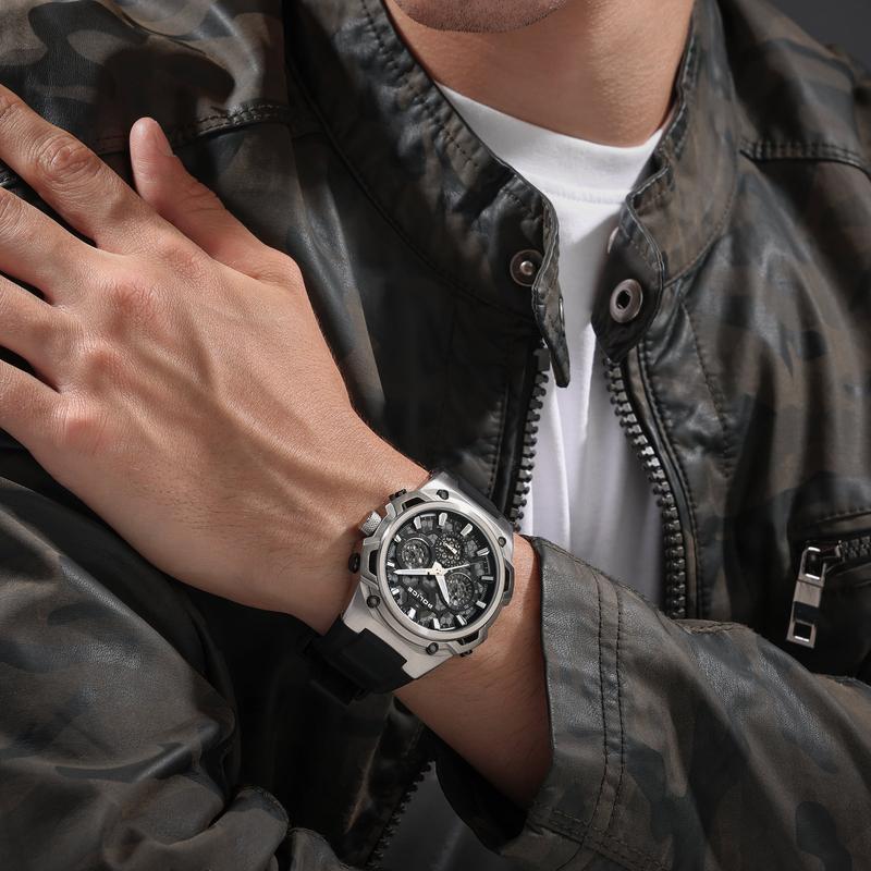 Police Challenger 46mm multifunction watch with steel case, black honeycomb dial, and sleek black silicon strap on wrist.