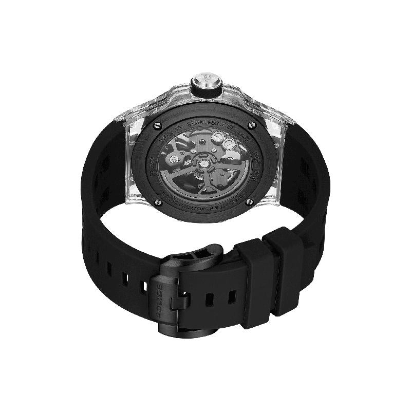 Police Cyclone Men's Automatic Transparent Skeleton Dial Black Silicone Watch