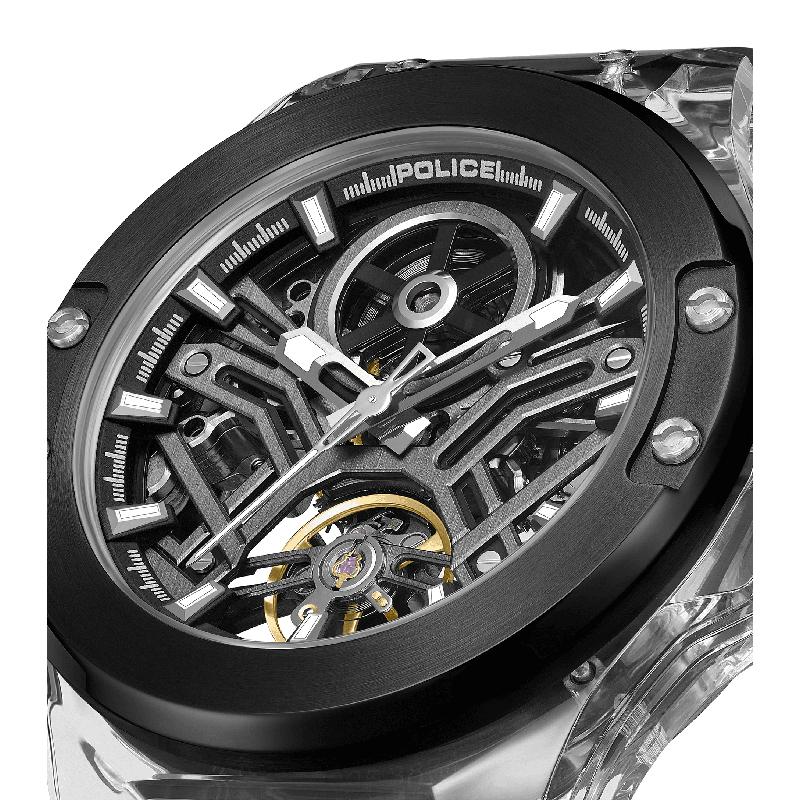 Police Cyclone Men's Automatic Transparent Skeleton Dial Black Silicone Watch