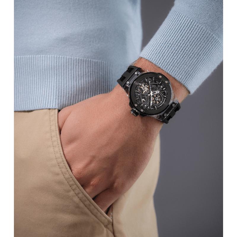 Police Cyclone Men's Automatic Transparent Skeleton Dial Black Silicone Watch