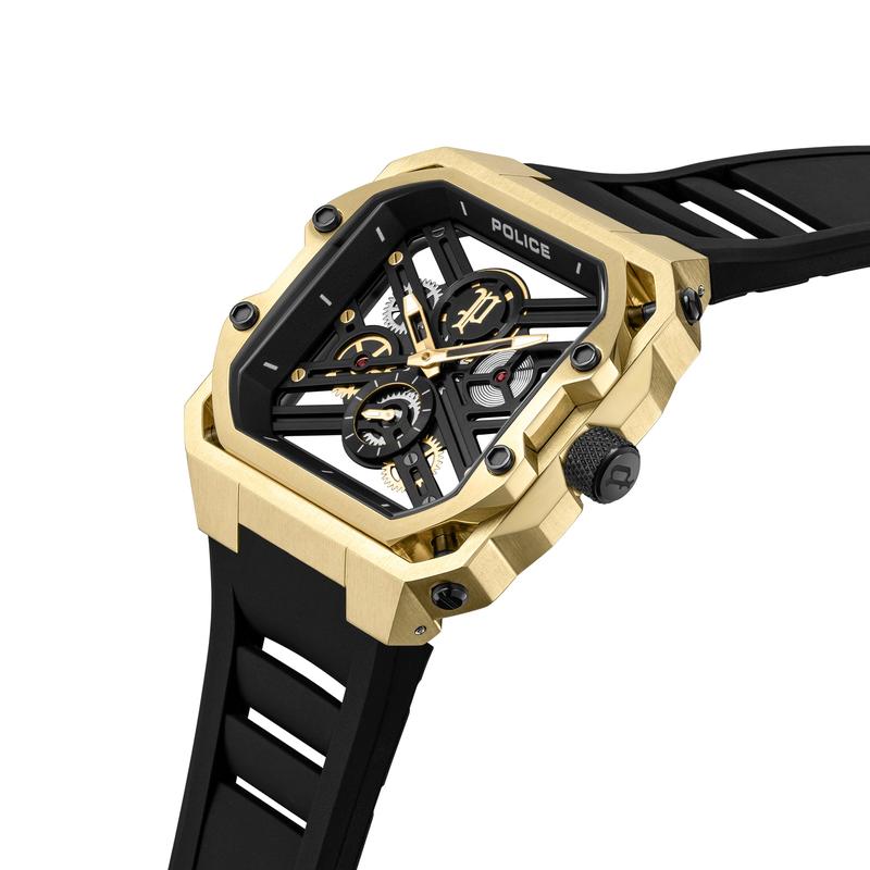 Police Disruptor I watch with a 45mm gold ion-plated case, skeleton dial, and sleek black silicone strap for a bold look.