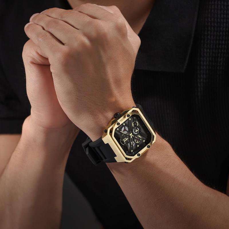 Police Disruptor I watch featuring a 45mm gold-tone case, skeleton dial, and sleek black silicone strap on a man's wrist.