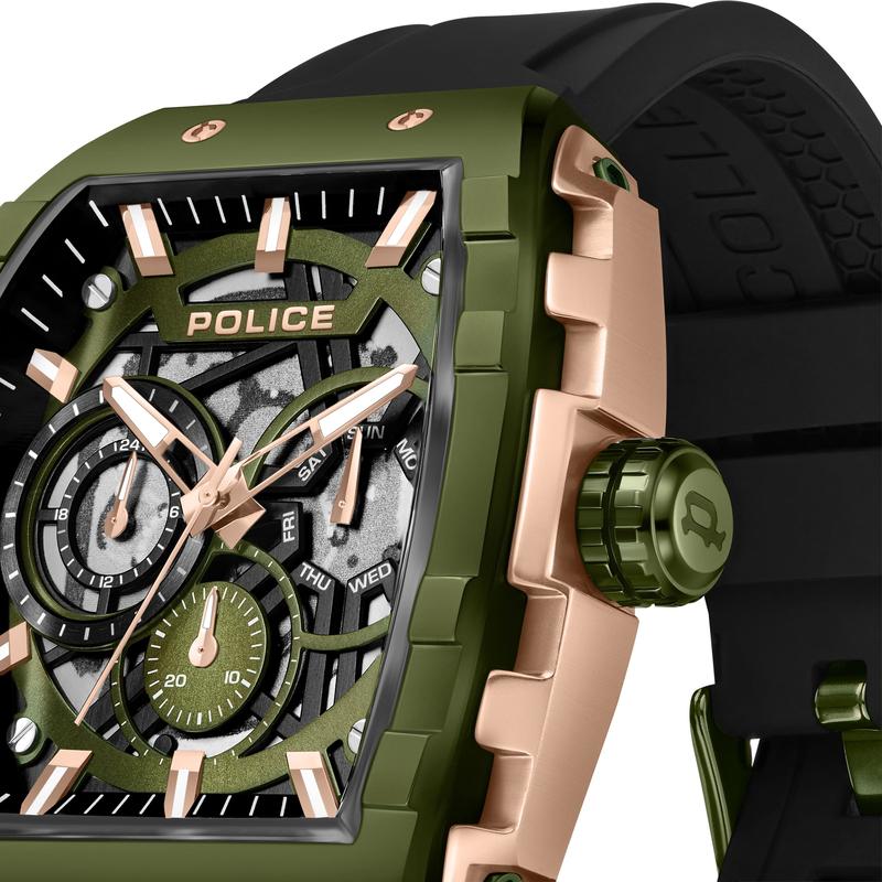 Police Flash men's watch with a rugged bronze case, olive topring, black layered dial, and durable black silicon strap.