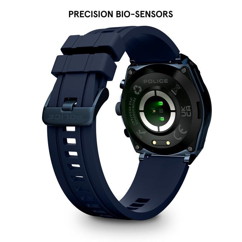 Back view of Police My Avatar 45mm smartwatch featuring a blue IP case, silicone strap, and precision bio-sensors.