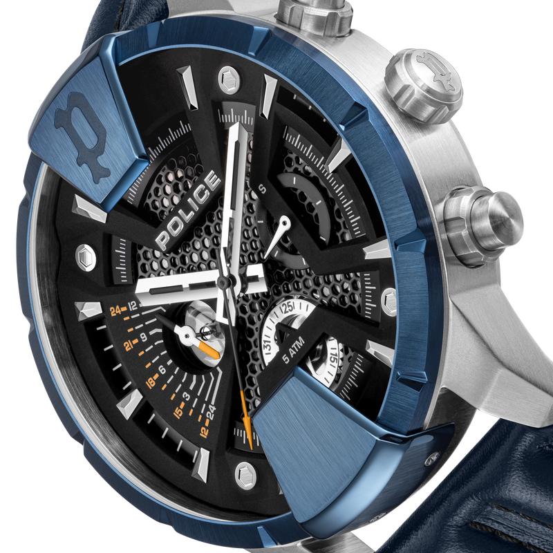 Police Huntley men's watch featuring a navy sunray dial, honeycomb mesh detail, steel case, and blue leather strap.