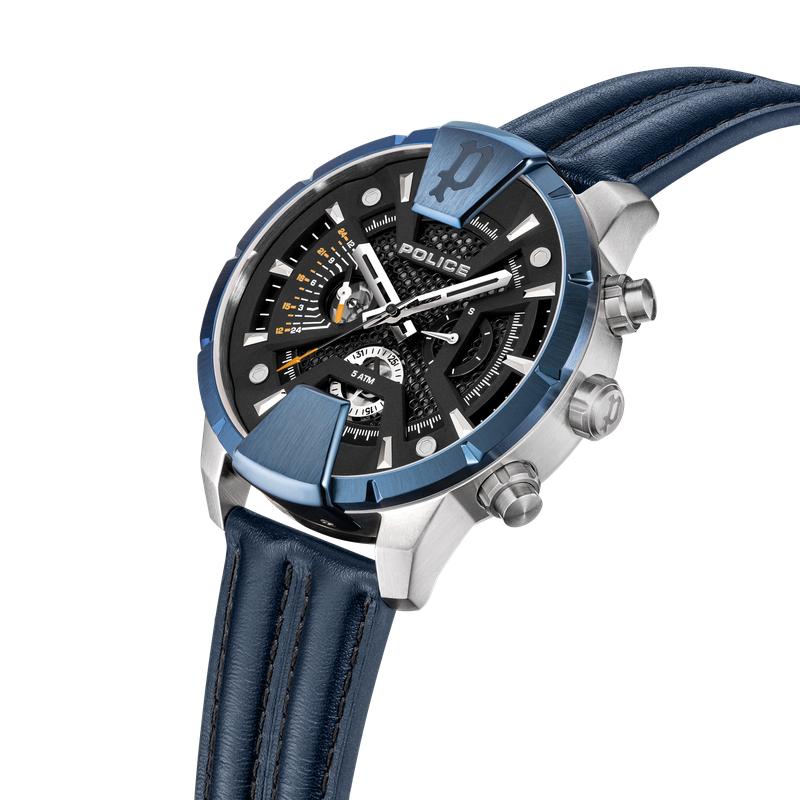 Police Huntley men's watch featuring a navy sunray dial, honeycomb center, steel case, and a rich blue leather strap.
