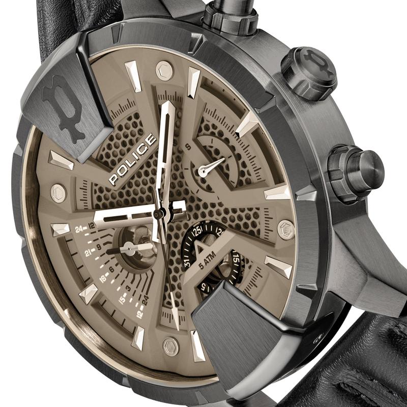 Police Huntley men's watch with gunmetal case, honeycomb dial, and black leather strap, featuring a bold, multifunction design.