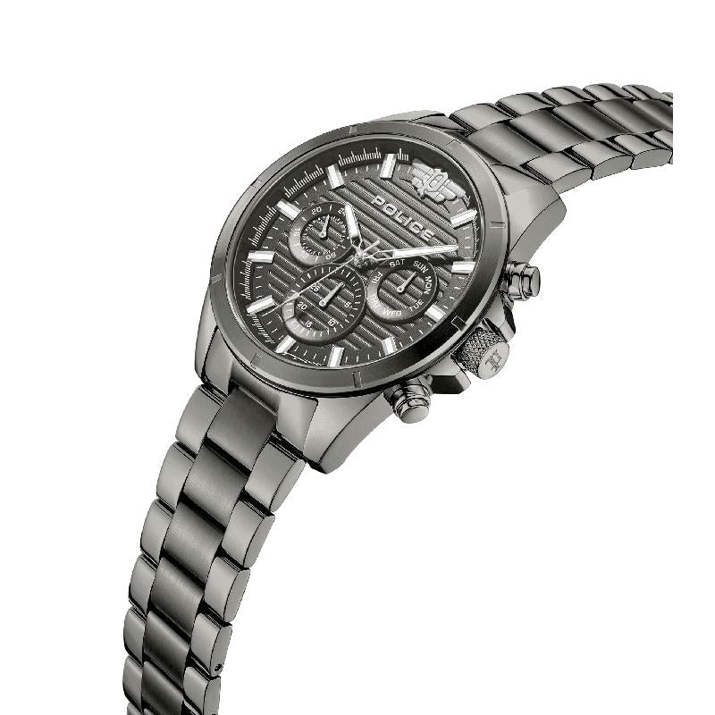 Police Malawi men's 45mm gunmetal multifunction watch with a textured charcoal dial and durable metal bracelet.