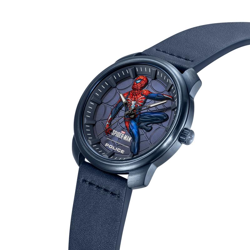 Police Spider-Man watch with 44mm blue ion-plated case, 3D hydraulic dial, and premium navy leather strap.
