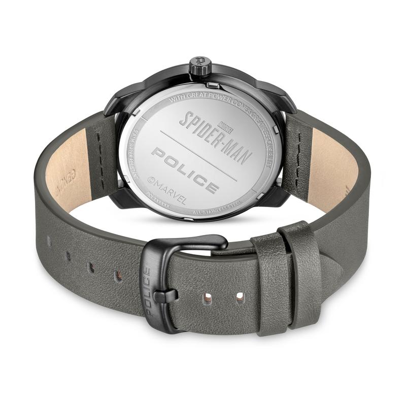 Back view of Police Spider-Man watch featuring an engraved stainless steel case and premium black leather strap.