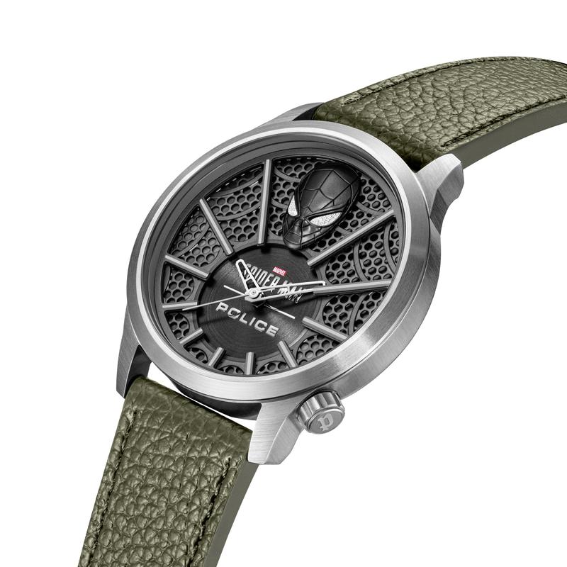 Police Spider-Man watch with charcoal honeycomb dial, 3D mask detail, and textured khaki leather strap in stainless steel.