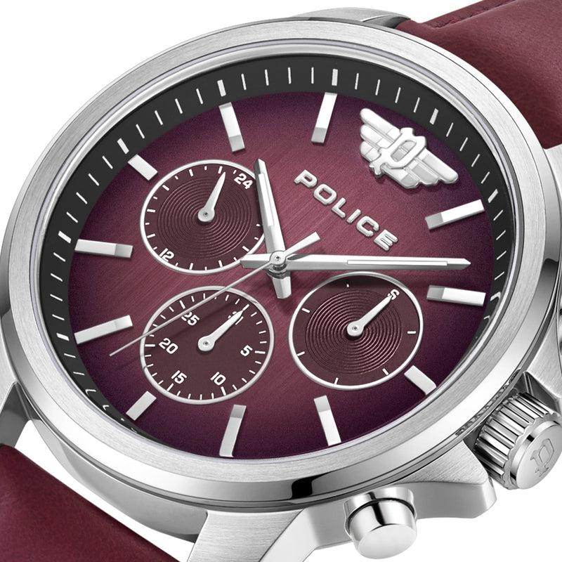 Police Mensor multifunction watch with a 44mm stainless steel case and a striking graduated black-to-burgundy dial.