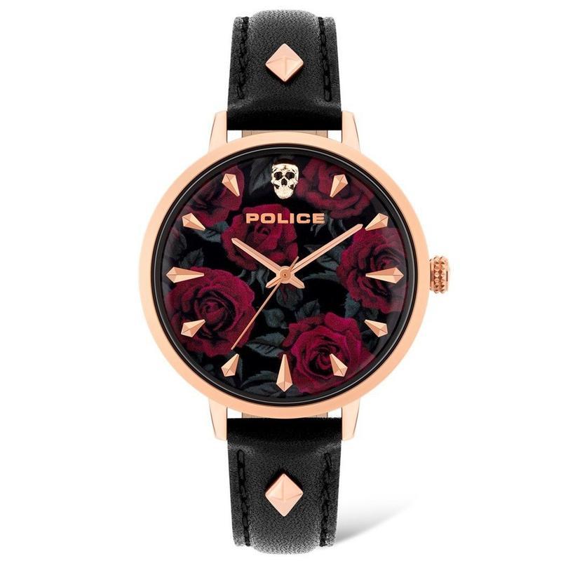 Police Miona ladies watch with rose gold case, black floral dial, skull detail, and black leather strap with stud accents.