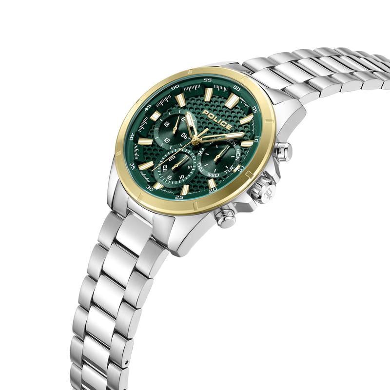 Police Motion men's 45mm stainless steel watch with a green honeycomb dial, gold-tone topring, and multifunction bracelet.