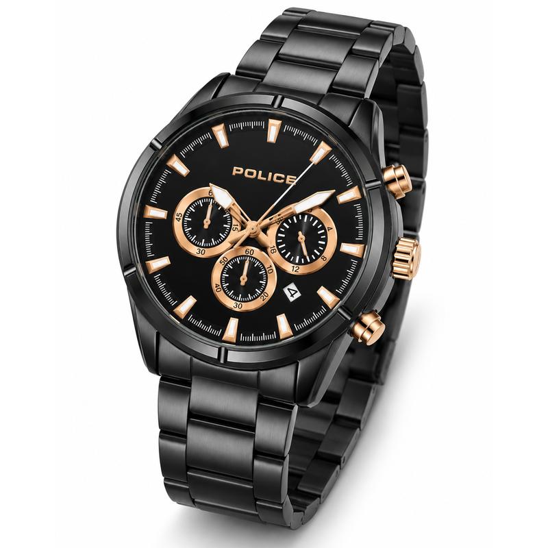Police Multifunction Chronograph Quartz Black Dial IP Black Stainless Steel Watch