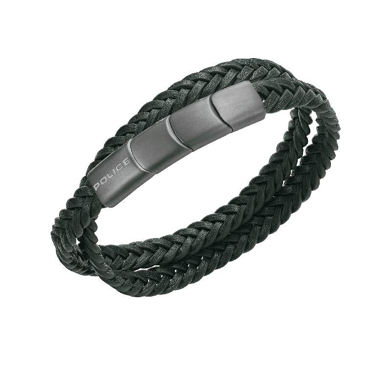 Police Olive Green Leather Braid Bracelet