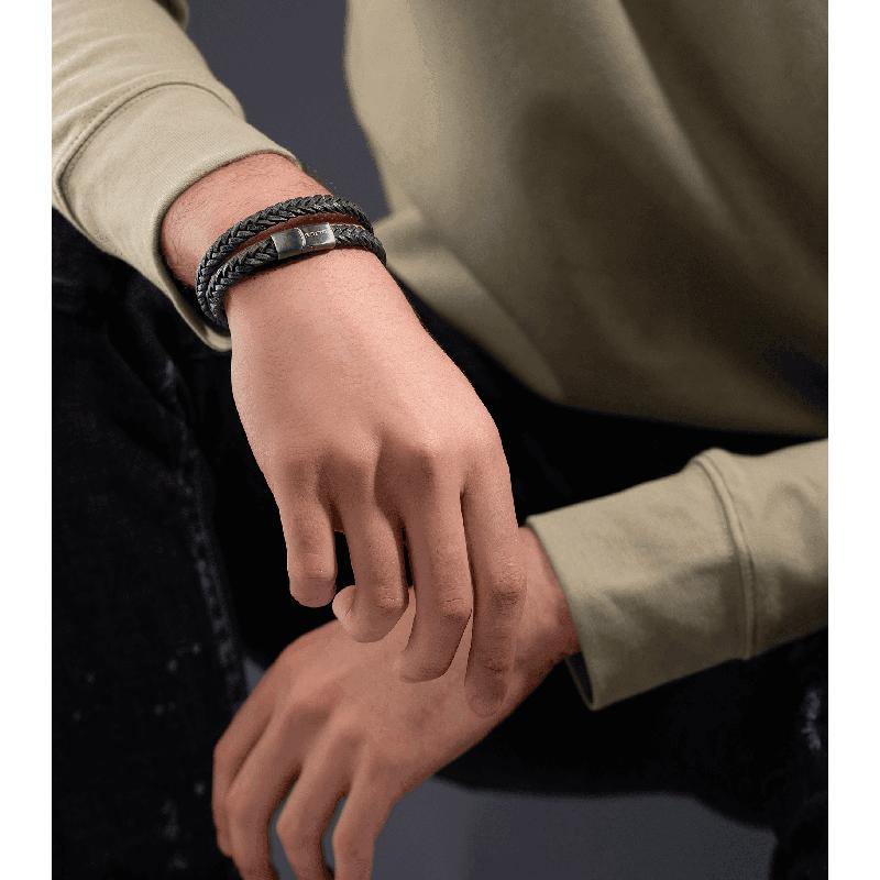 Police Olive Green Leather Braid Bracelet