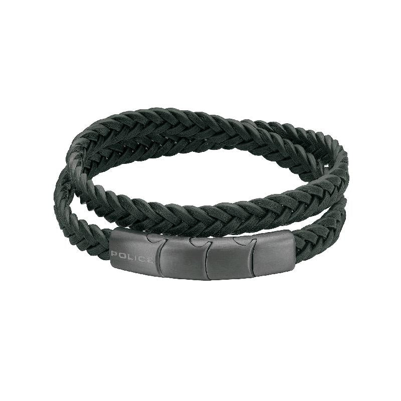 Police Olive Green Leather Braid Bracelet