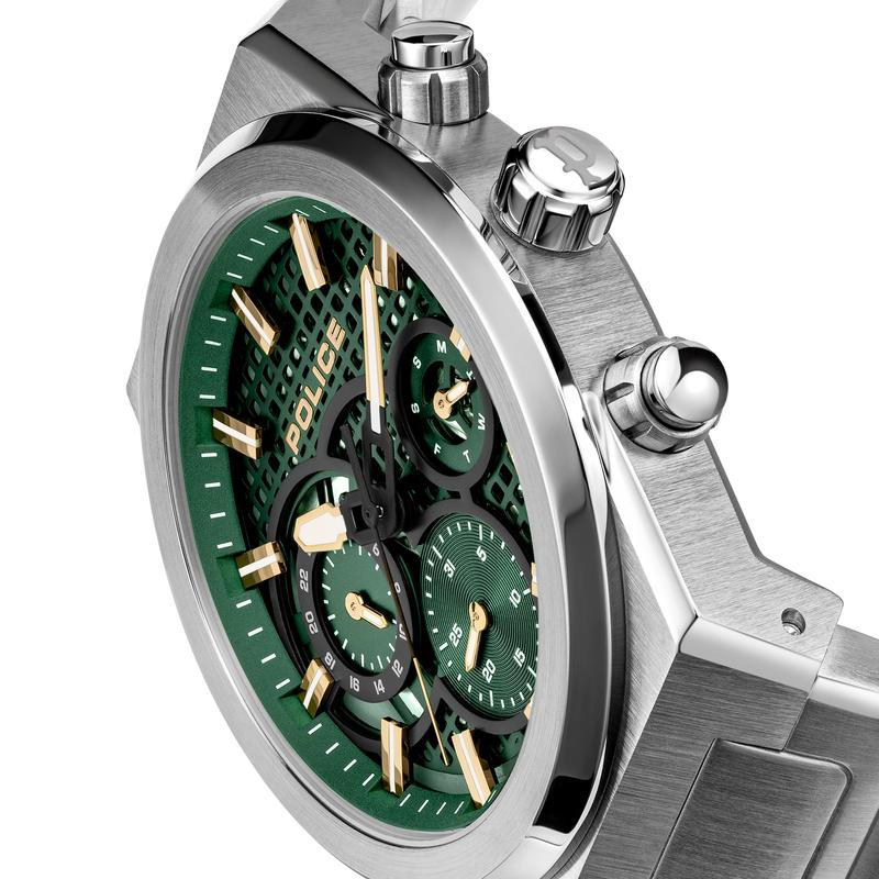 Police Salkantay men's multifunction watch with a green dial, gold accents, and a durable 45mm steel case and bracelet.