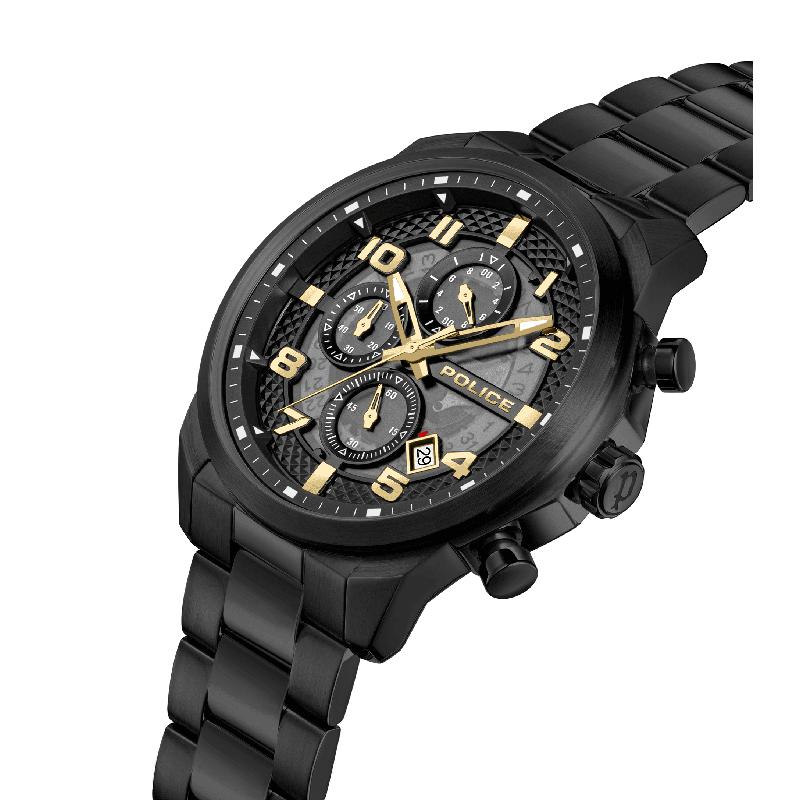 Police Soul men's black metal multifunction watch with a bold pyramid-etched dial, gold accents, and a 44mm industrial case.