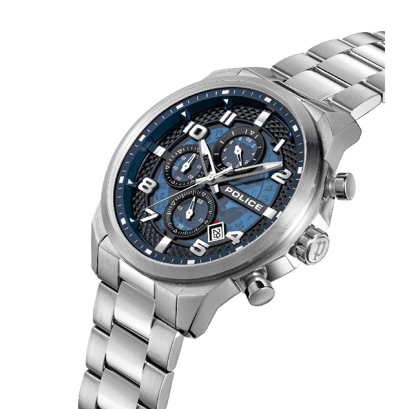 Police Soul men's steel multifunction watch featuring a translucent blue dial, charcoal pyramid-etched ring, and 44mm metal case.
