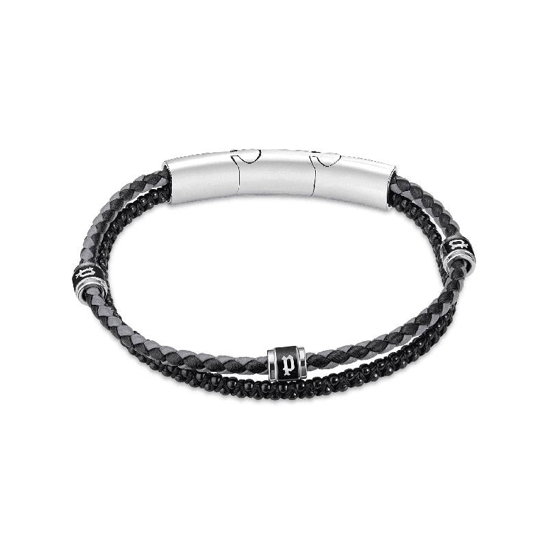 Police Twinrow Double Row Black Leather Bracelet