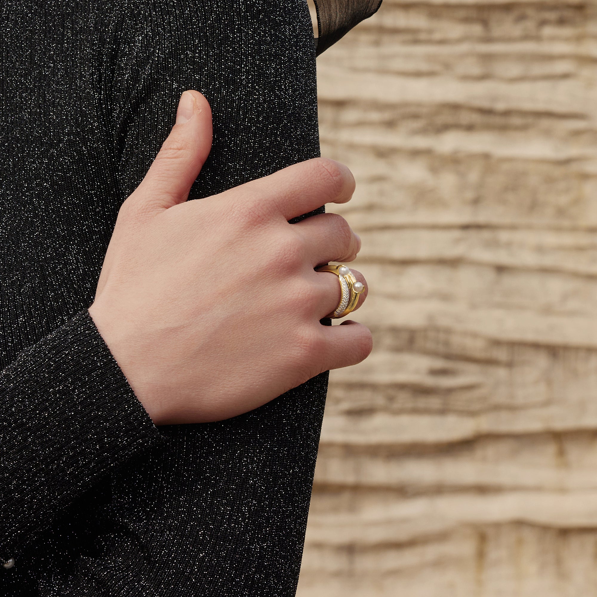 Gold Sparkle Pearl Crossover Adjustable 14kt Plated Ring