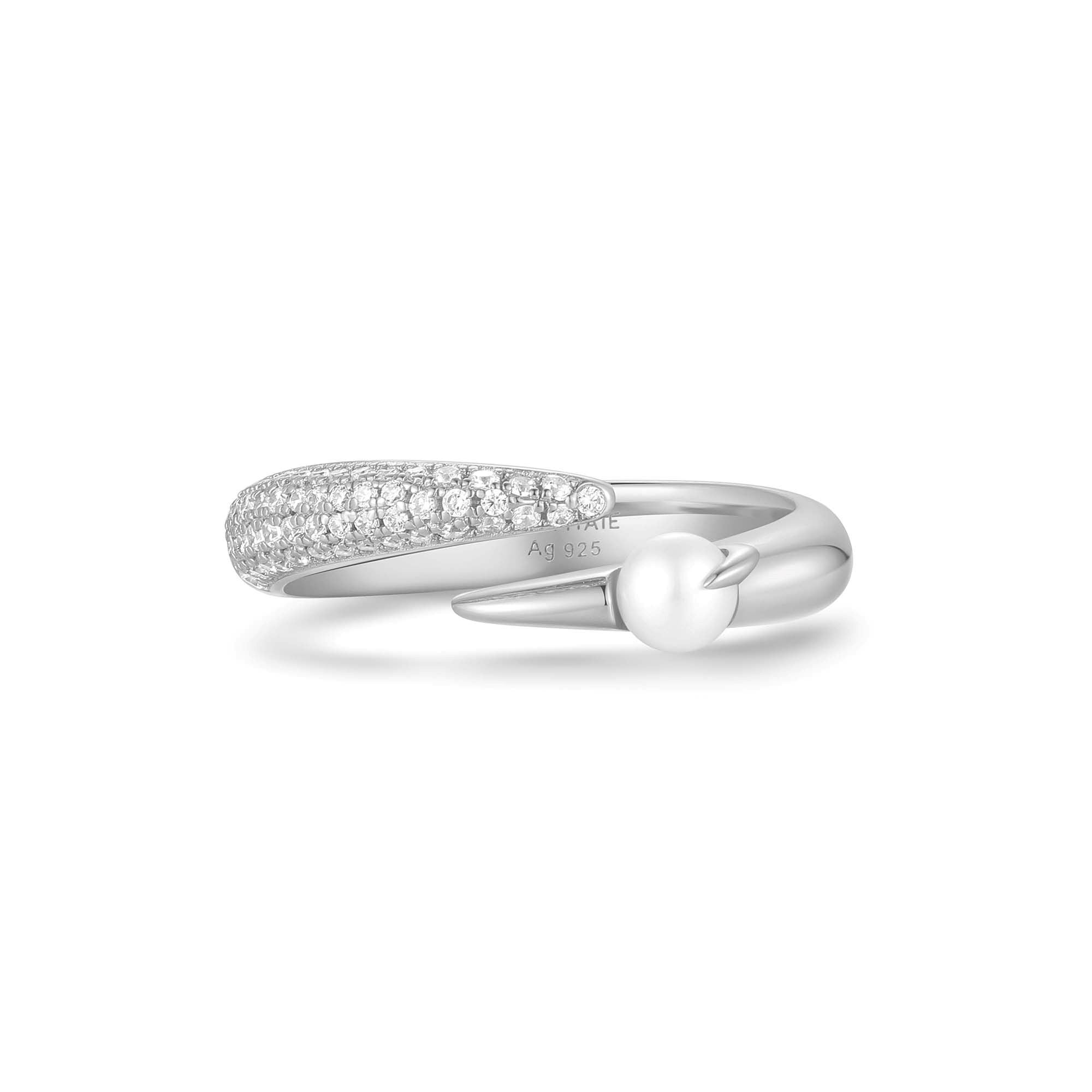 Silver Sparkle Pearl Crossover Adjustable Ring with Pavé Detailing
