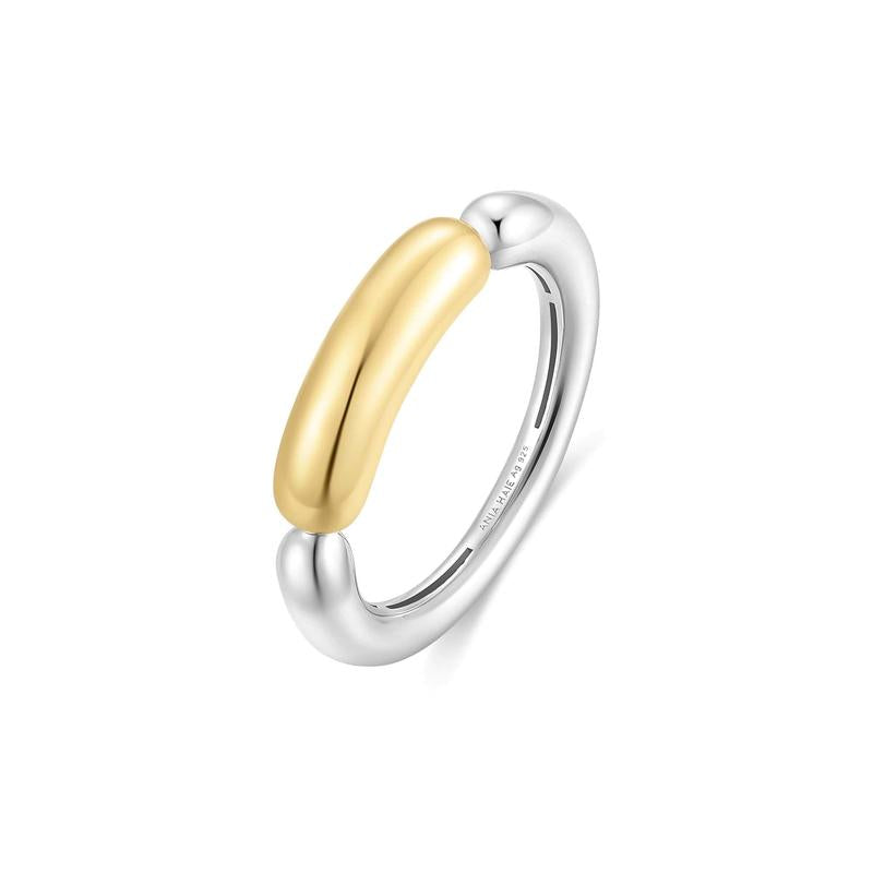 Two-Tone Segmented Puffy Ring – Modern Silver & Gold Mixed Design