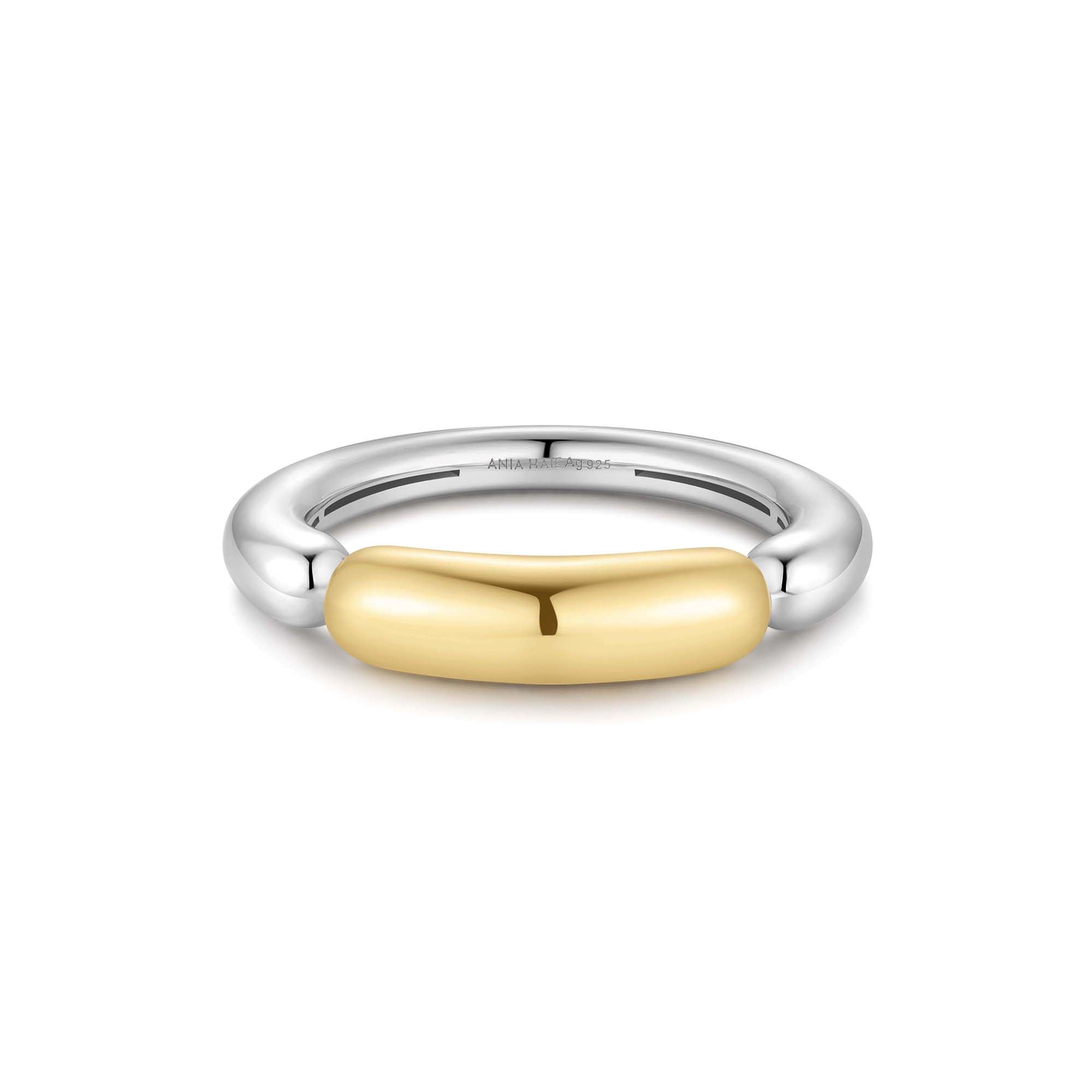 Two-Tone Segmented Puffy Ring – Modern Silver & Gold Mixed Design