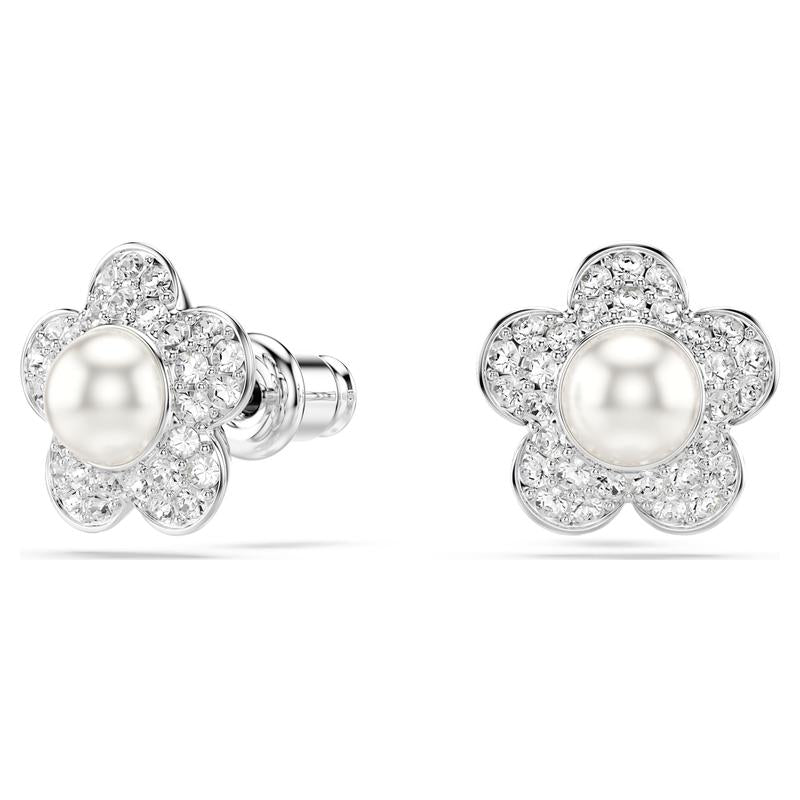 Swarovski Ariana Grande Flower Crystal Pearl Round Cut White Rhodium Plated Stud Earrings